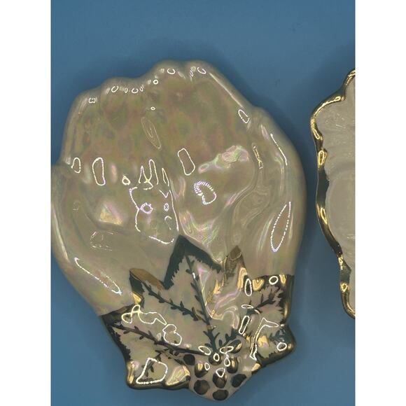 Pair Of 22K Gold Ceramic Iridescent White Signed Leaf & Hands Trinket Dish VTG - Picture 2 of 9